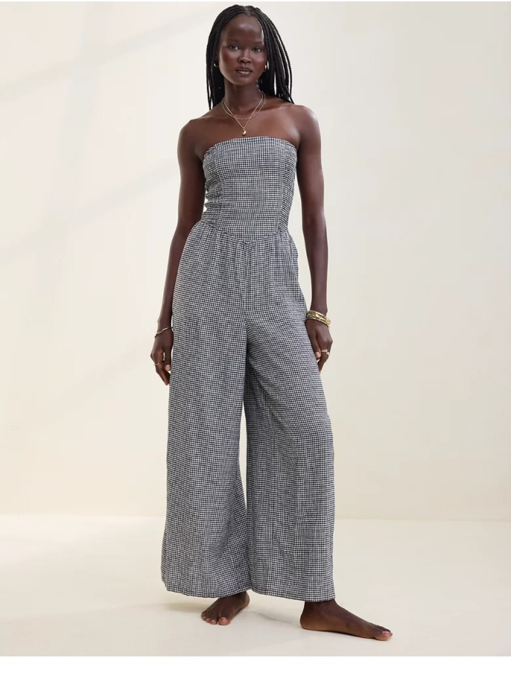 Aerie Strapless Gingham Wide-Leg Jumpsuit - Black & White